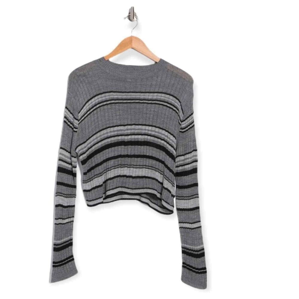 Abound Womens Long Sleeve Lightweight Ribbed Cropped Sweater In Black Stripe 2XS
